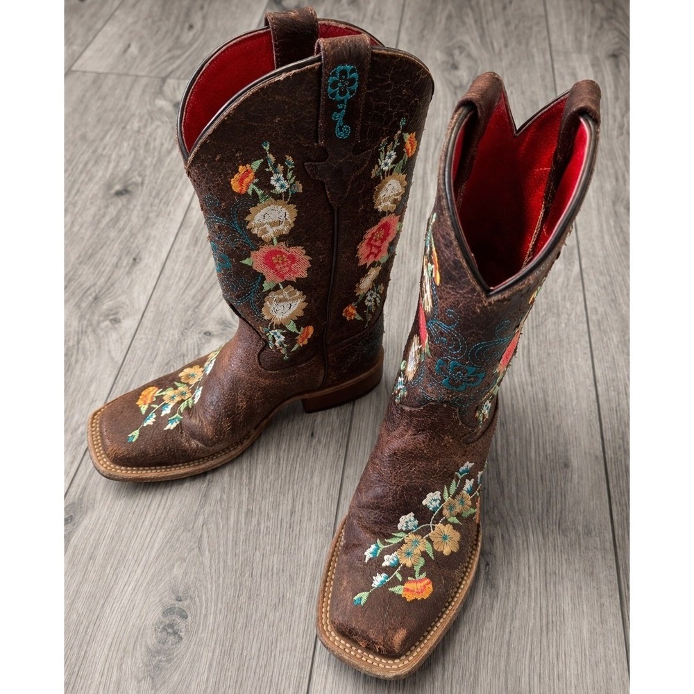 Macie Bean Womens Cowboy Boots Size 2 Brown Floral Embroidered Western